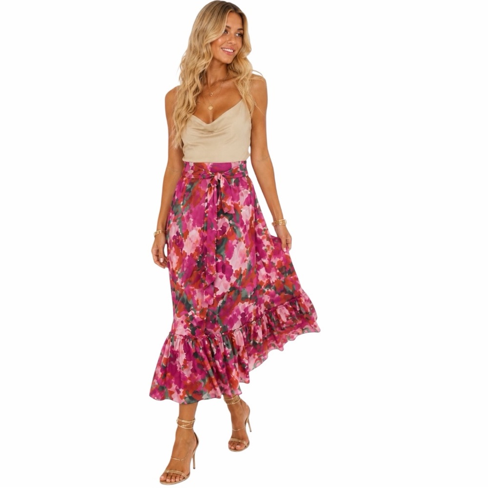 Boho Floral Maxi Skirt /Medium/ Tie Waist Ruffle Hem /Pink Green Rust/India/ EUC